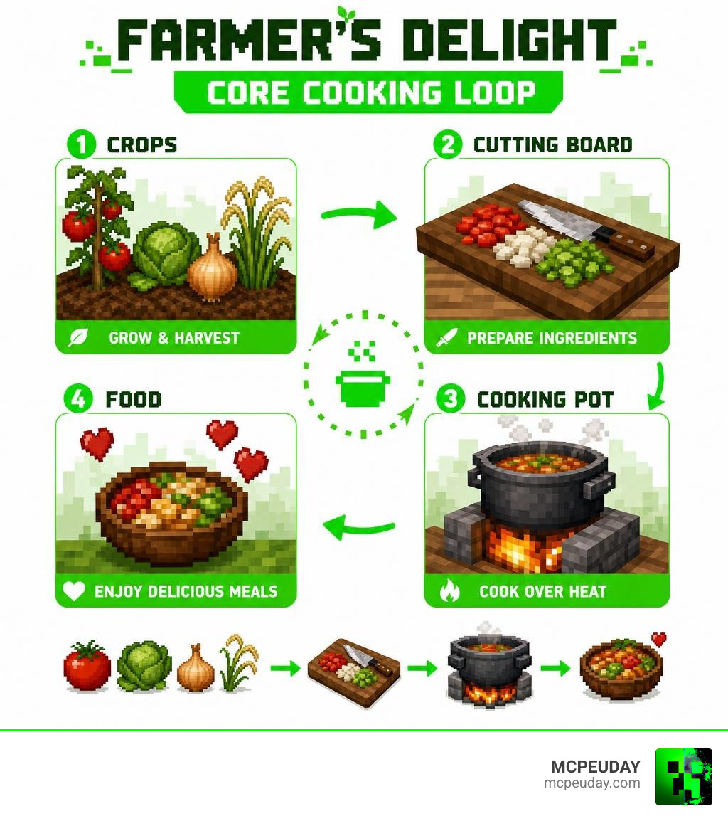 Farmer's Delight Bedrock Addon core cooking loop infographic: crops to cutting board to cooking pot to food infographic Farmer's Delight Bedrock Addon core cooking loop infographic: crops to cutting board to cooking pot to food infographic