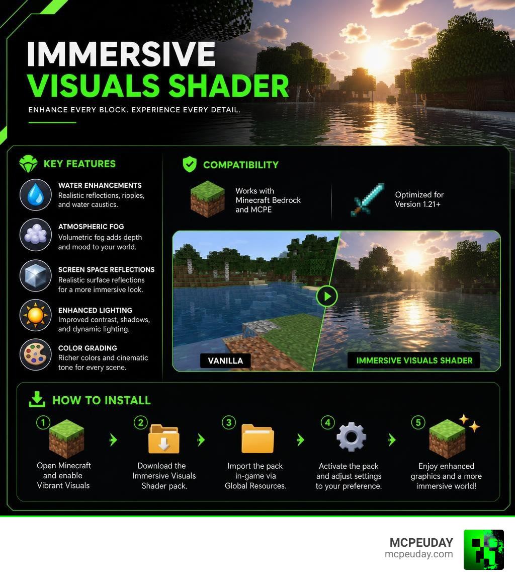 How Immersive Visuals Shader enhances Minecraft graphics: features, compatibility, and install steps infographic