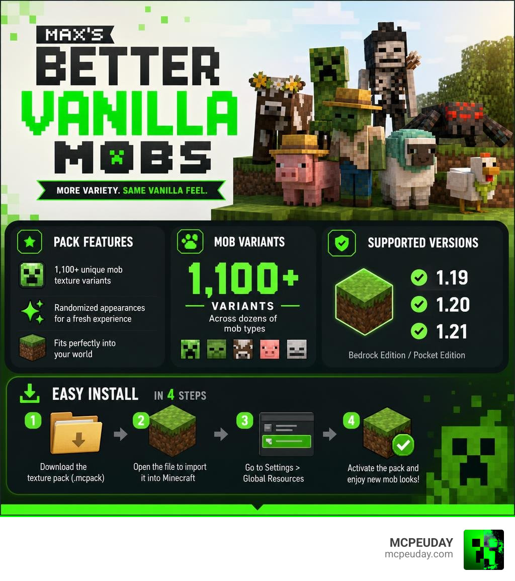 Infographic showing Max's Better Vanilla Mobs pack features, mob count, supported versions, and install steps infographic