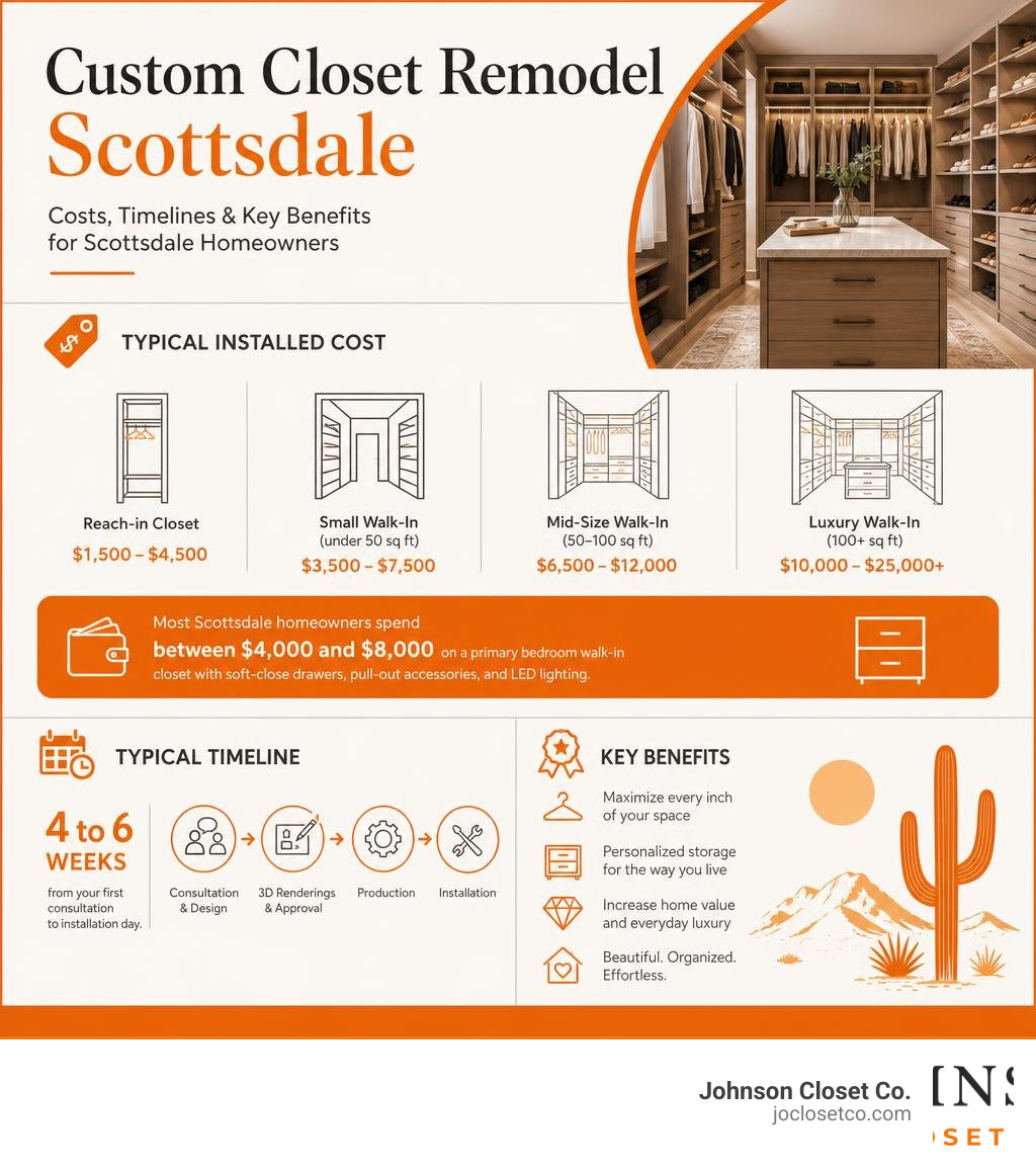 Infographic showing custom closet remodel costs, timelines, and key benefits for Scottsdale homeowners infographic