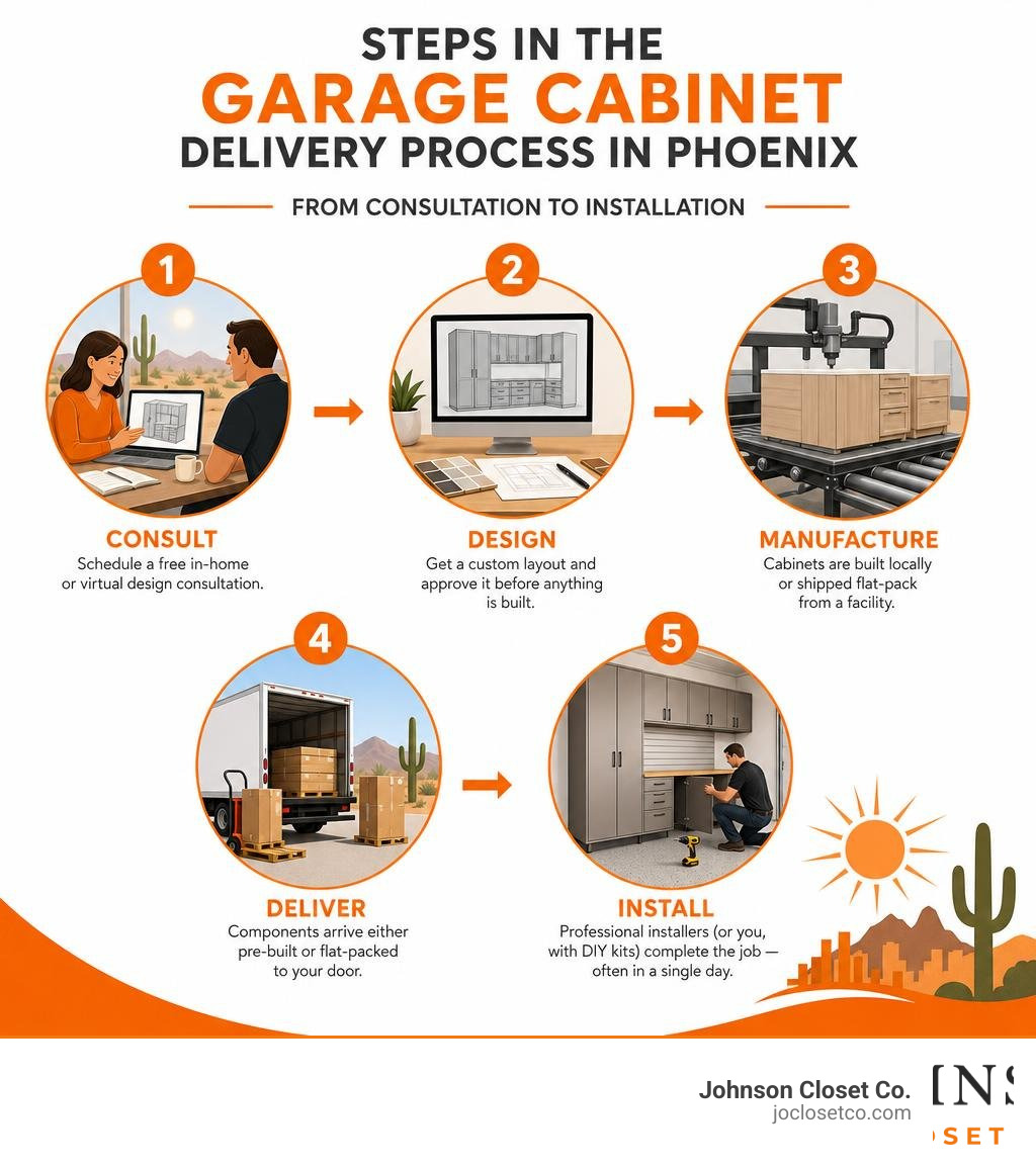 Steps in the garage cabinet delivery process in Phoenix from consultation to installation infographic Steps in the garage cabinet delivery process in Phoenix from consultation to installation infographic