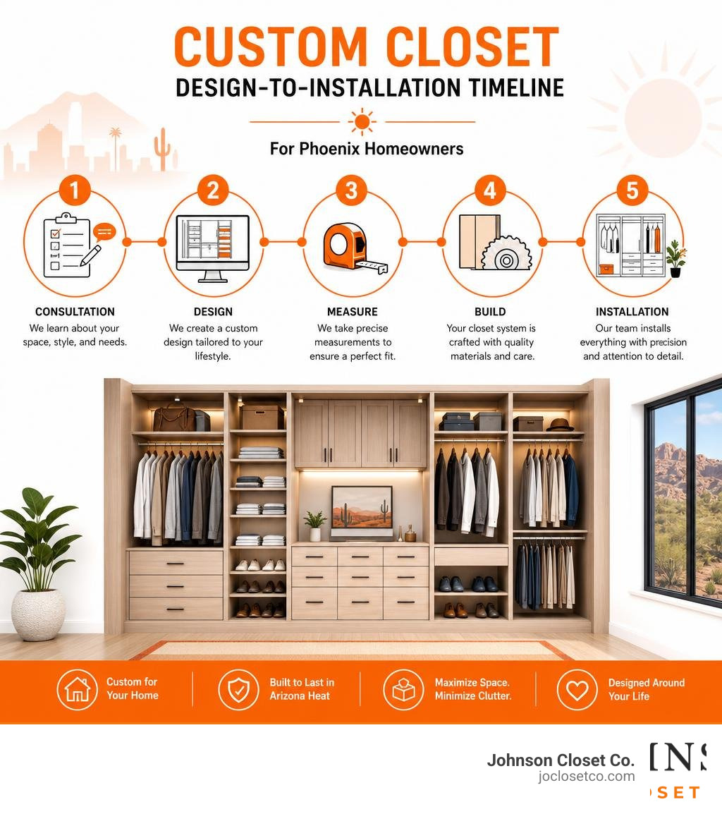 Custom closet design-to-installation timeline for Phoenix homeowners infographic Custom closet design-to-installation timeline for Phoenix homeowners infographic