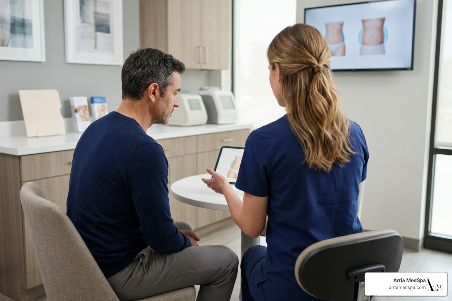 Man Getting A Coolsculpting Consultation With Female Physician Shown From Behind