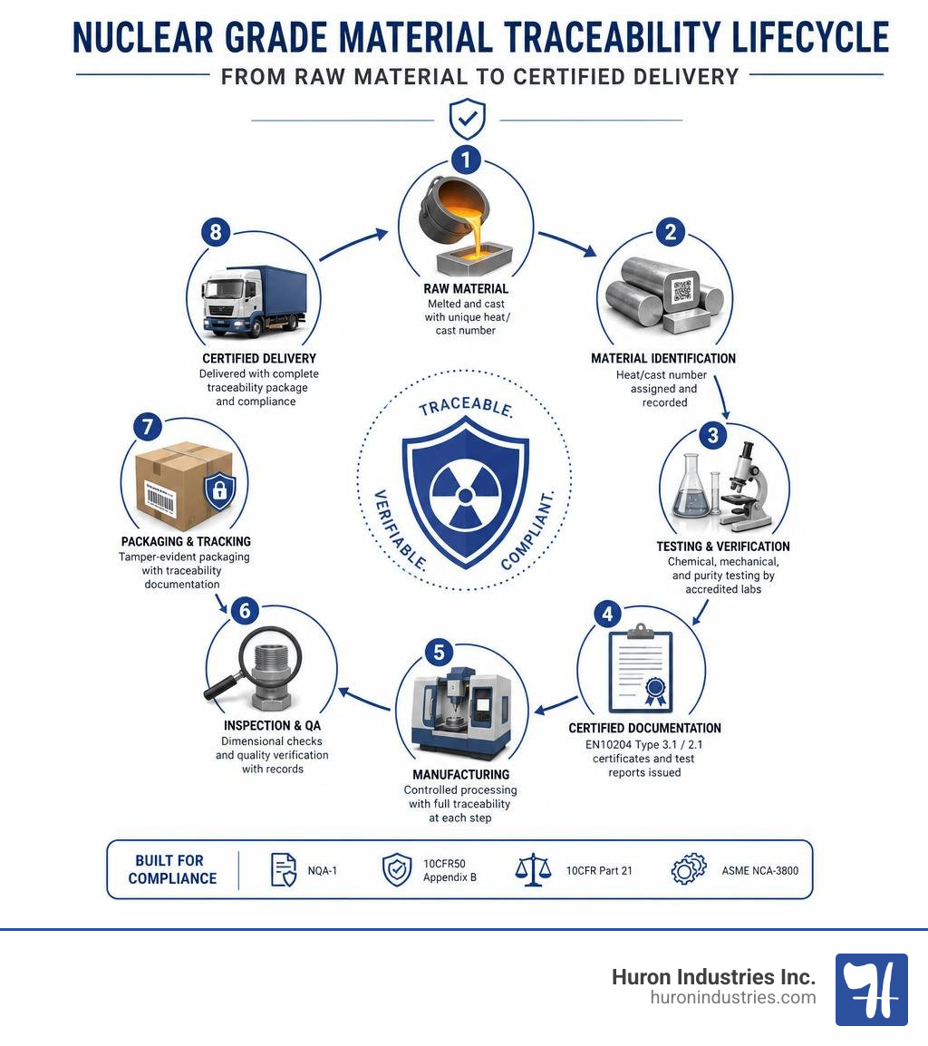 Nuclear grade material traceability lifecycle from raw material to certified delivery infographic