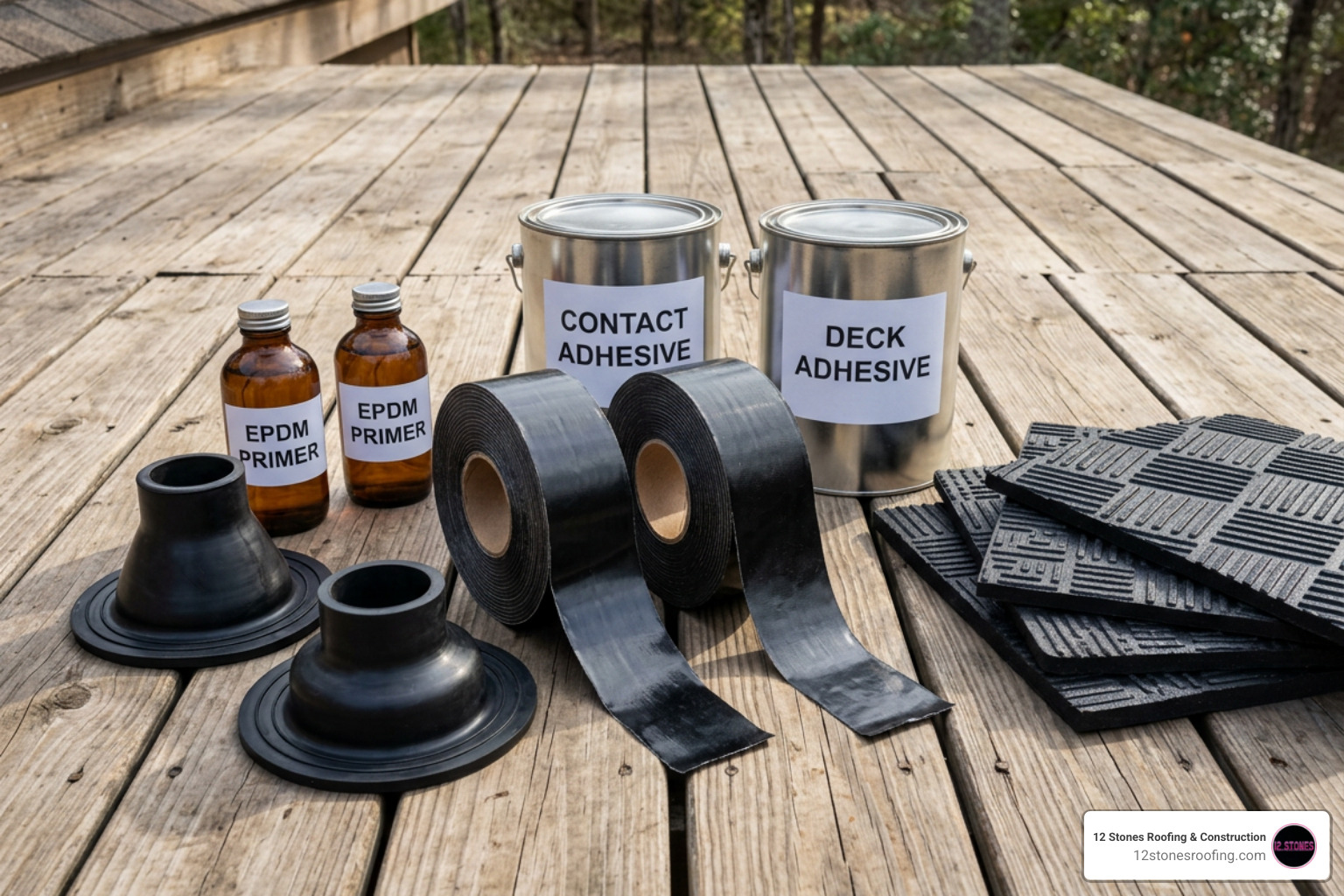 EPDM roofing accessories including primers, walkpads, pipe boots, and adhesives EPDM roofing accessories including primers, walkpads, pipe boots, and adhesives