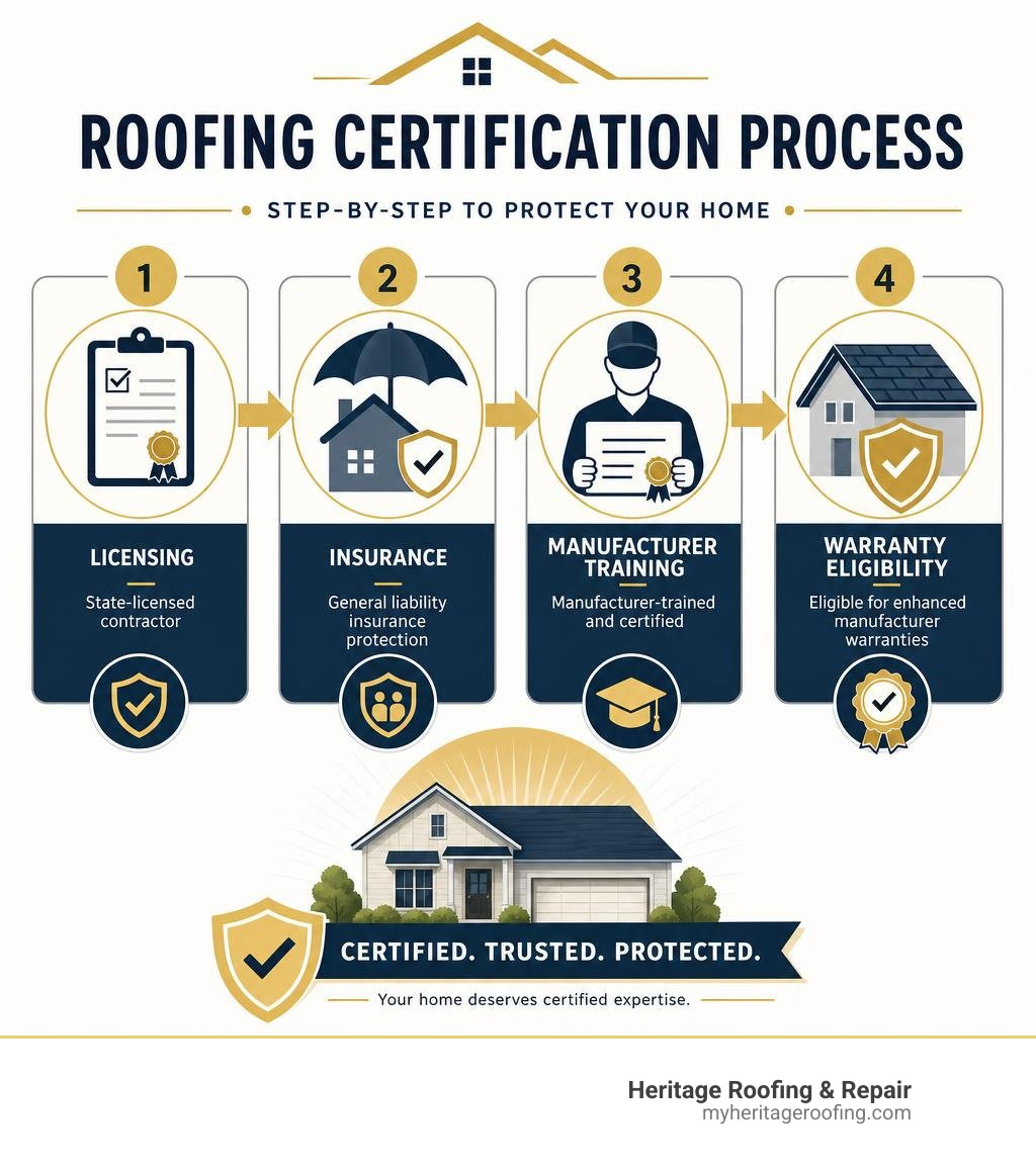 Step-by-step roofing certification process infographic showing licensing, insurance, manufacturer training, and warranty Step-by-step roofing certification process infographic showing licensing, insurance, manufacturer training, and warranty