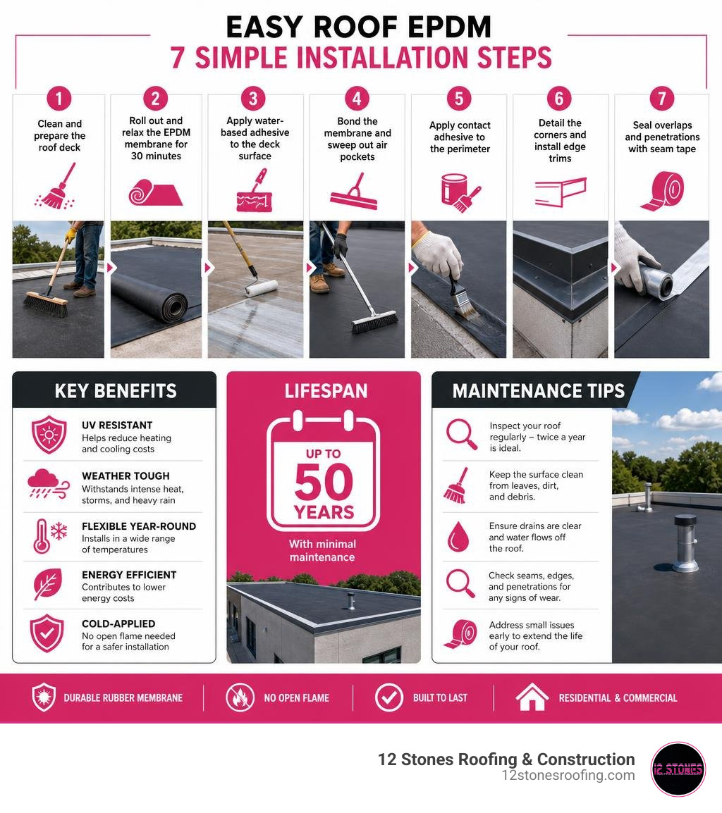 Infographic showing 7 EPDM installation steps, key benefits, lifespan, and maintenance tips infographic Infographic showing 7 EPDM installation steps, key benefits, lifespan, and maintenance tips infographic