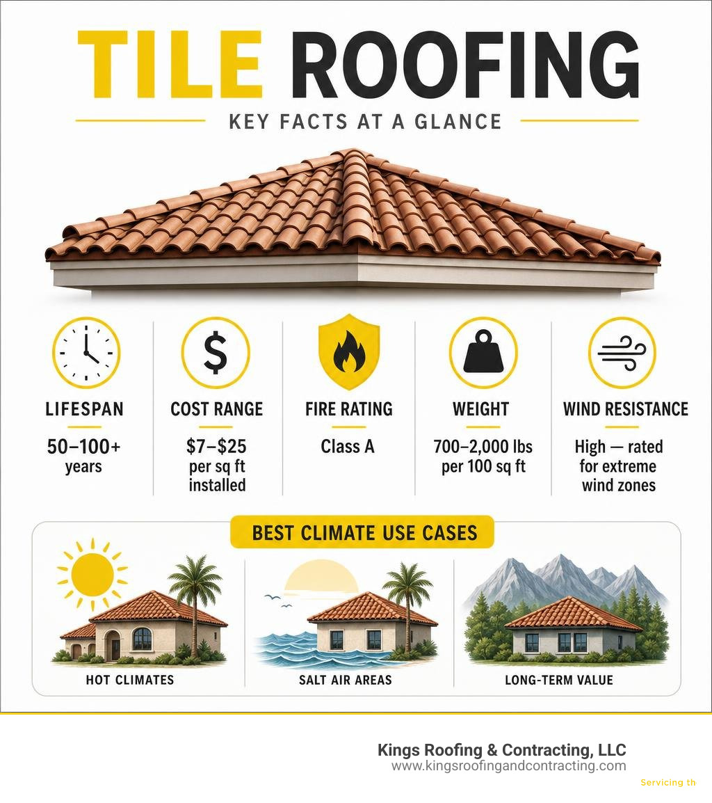 Infographic showing tile roofing key facts: lifespan, cost range, fire rating, weight, and best climate use cases infographic Infographic showing tile roofing key facts: lifespan, cost range, fire rating, weight, and best climate use cases infographic