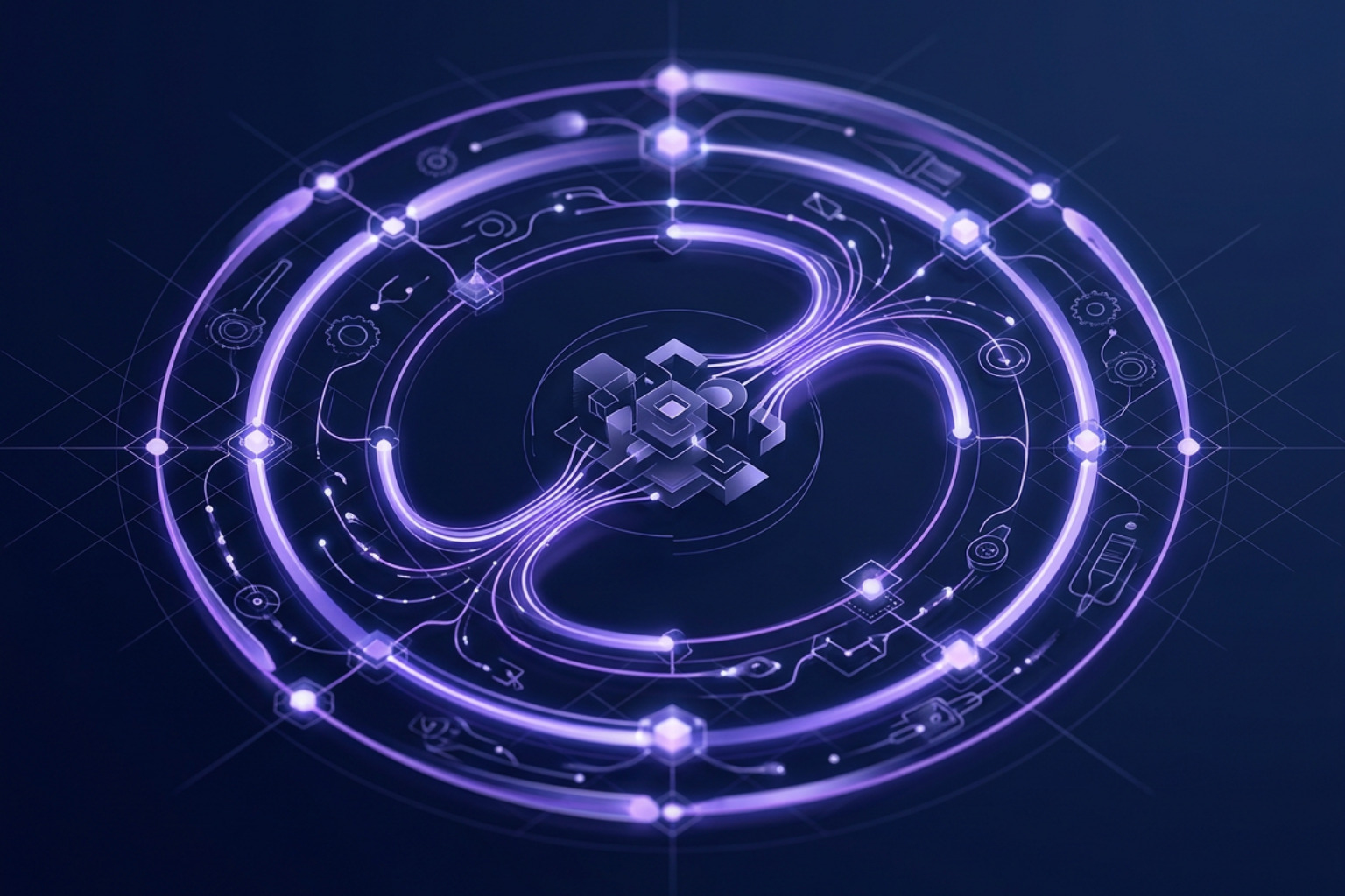 Abstract conceptualization of a closed-loop creative engine with violet accent lines Abstract conceptualization of a closed-loop creative engine with violet accent lines