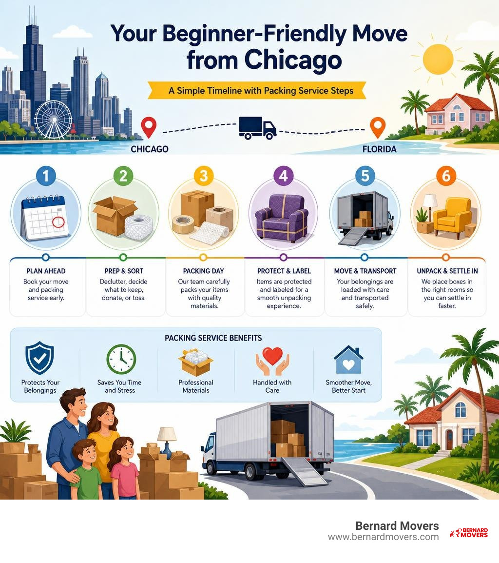 Timeline infographic for a beginner-friendly move from Chicago, including packing service steps infographic Timeline infographic for a beginner-friendly move from Chicago, including packing service steps infographic