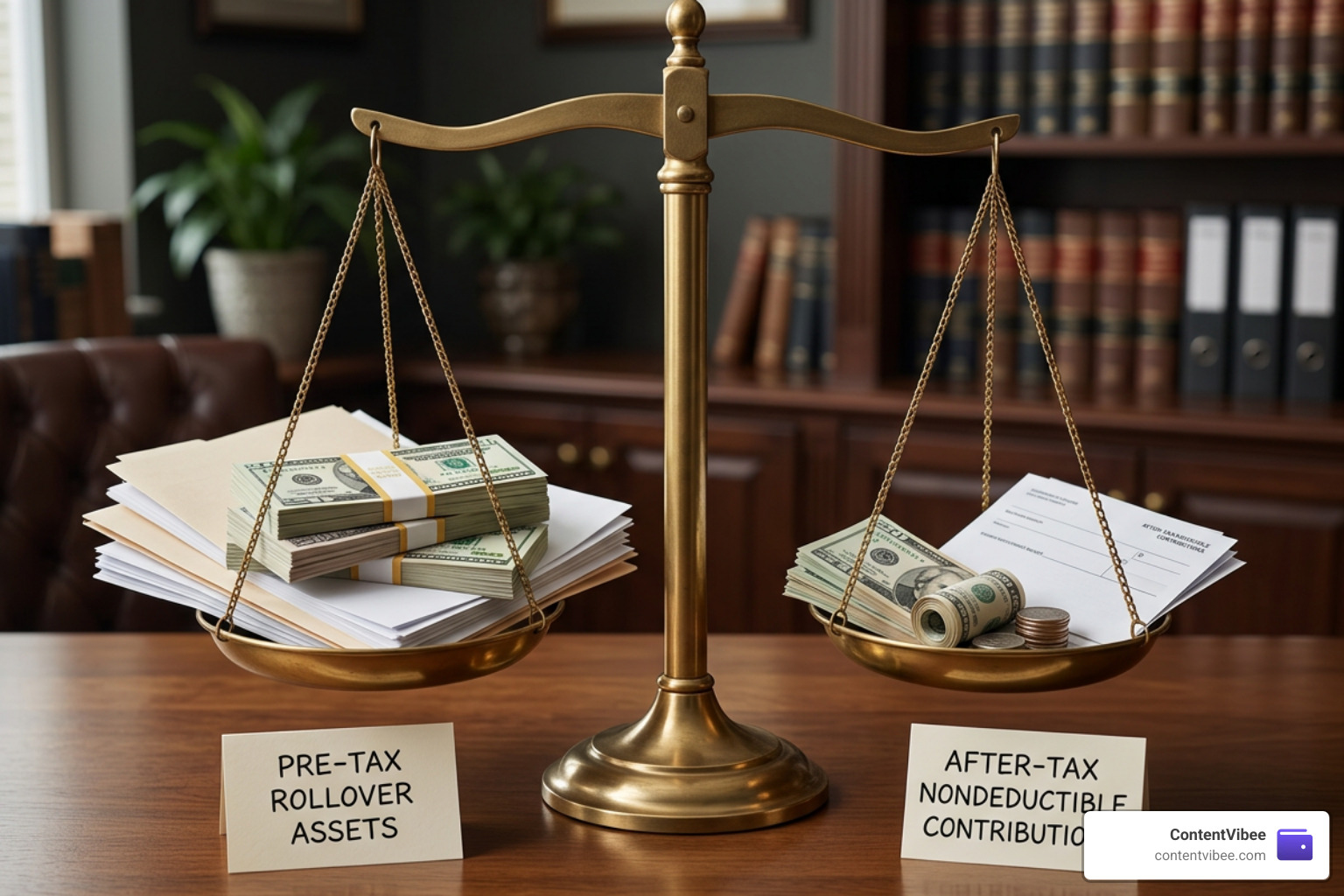 A scale balancing pre-tax rollover IRA assets and after-tax nondeductible IRA contributions