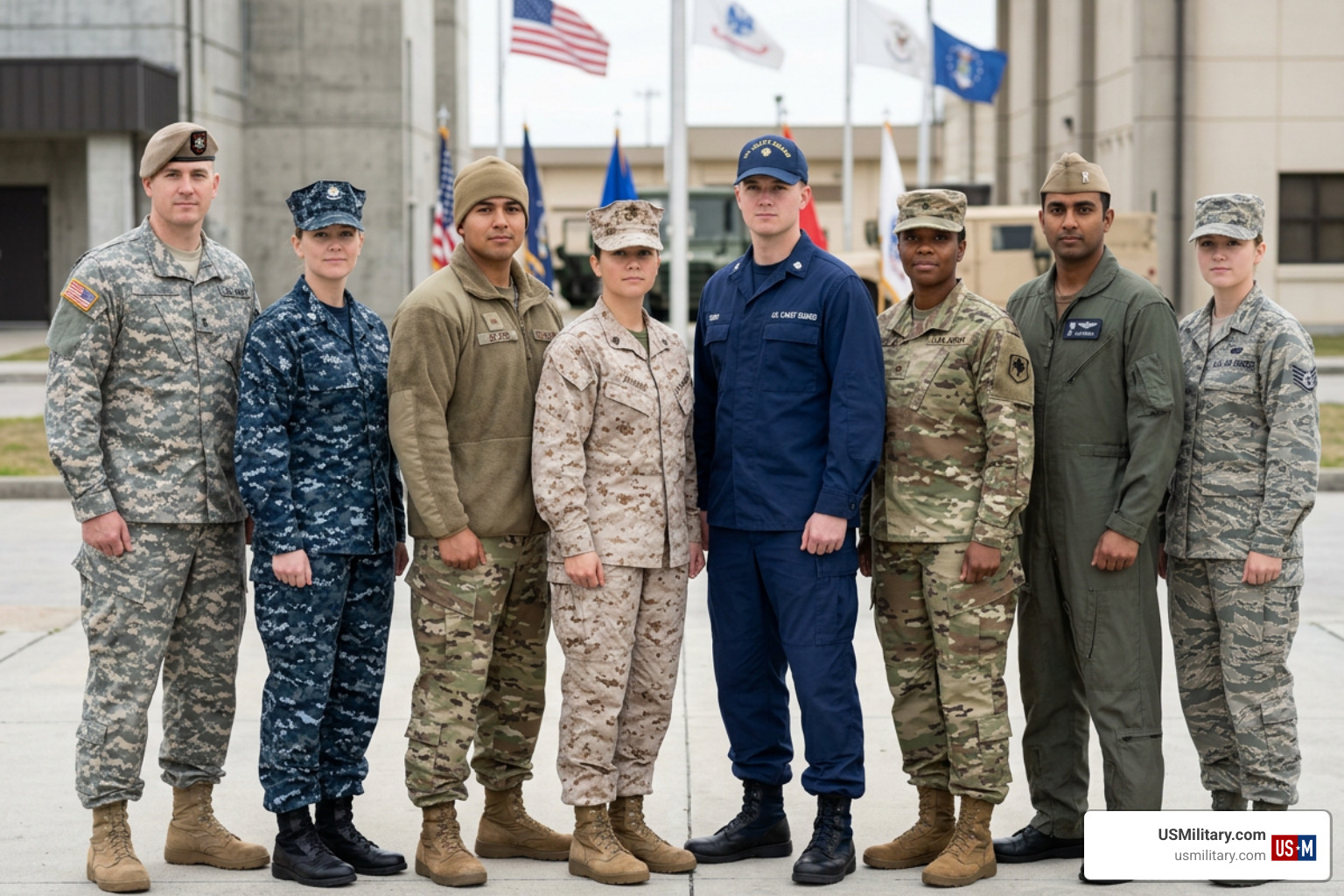 US military joint service members standing together in uniform US military joint service members standing together in uniform