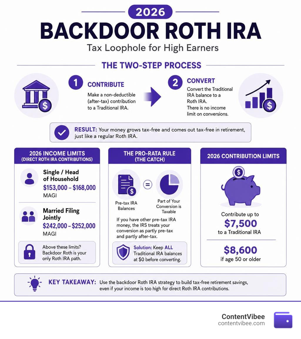 Backdoor Roth IRA 2026 two-step process income limits pro-rata rule and contribution limits infographic