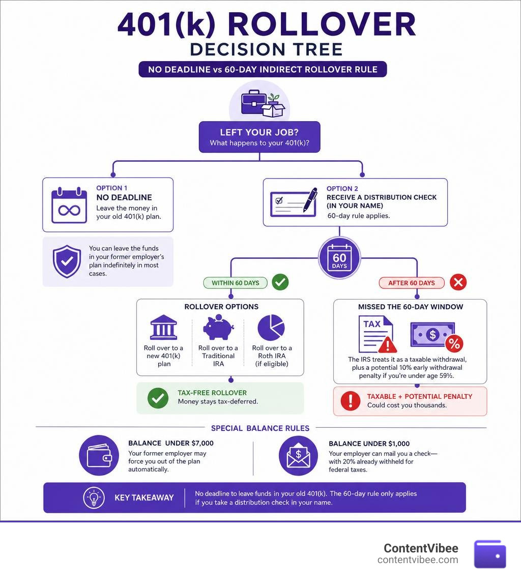 401k rollover decision tree: no deadline vs 60-day indirect rollover rule, options, and consequences infographic 401k rollover decision tree: no deadline vs 60-day indirect rollover rule, options, and consequences infographic