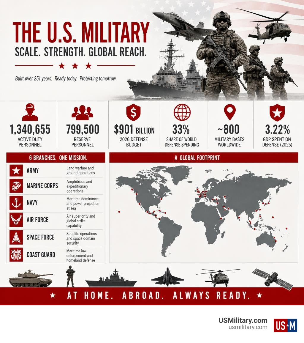 Infographic showing the scale and global footprint of the US Military including personnel, budget, and bases infographic Infographic showing the scale and global footprint of the US Military including personnel, budget, and bases infographic