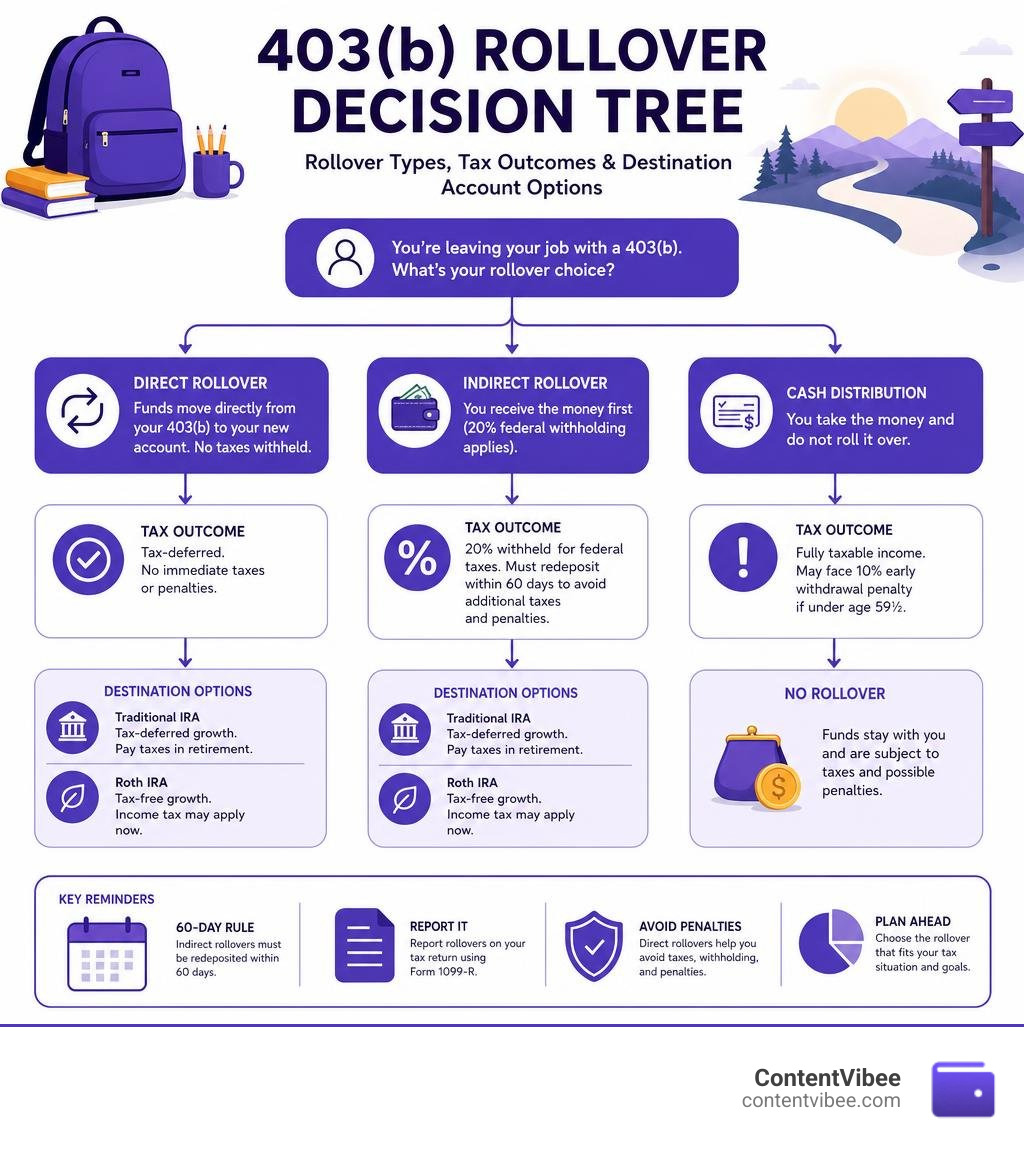 403b rollover decision tree showing rollover types, tax outcomes, and destination account options infographic 403b rollover decision tree showing rollover types, tax outcomes, and destination account options infographic