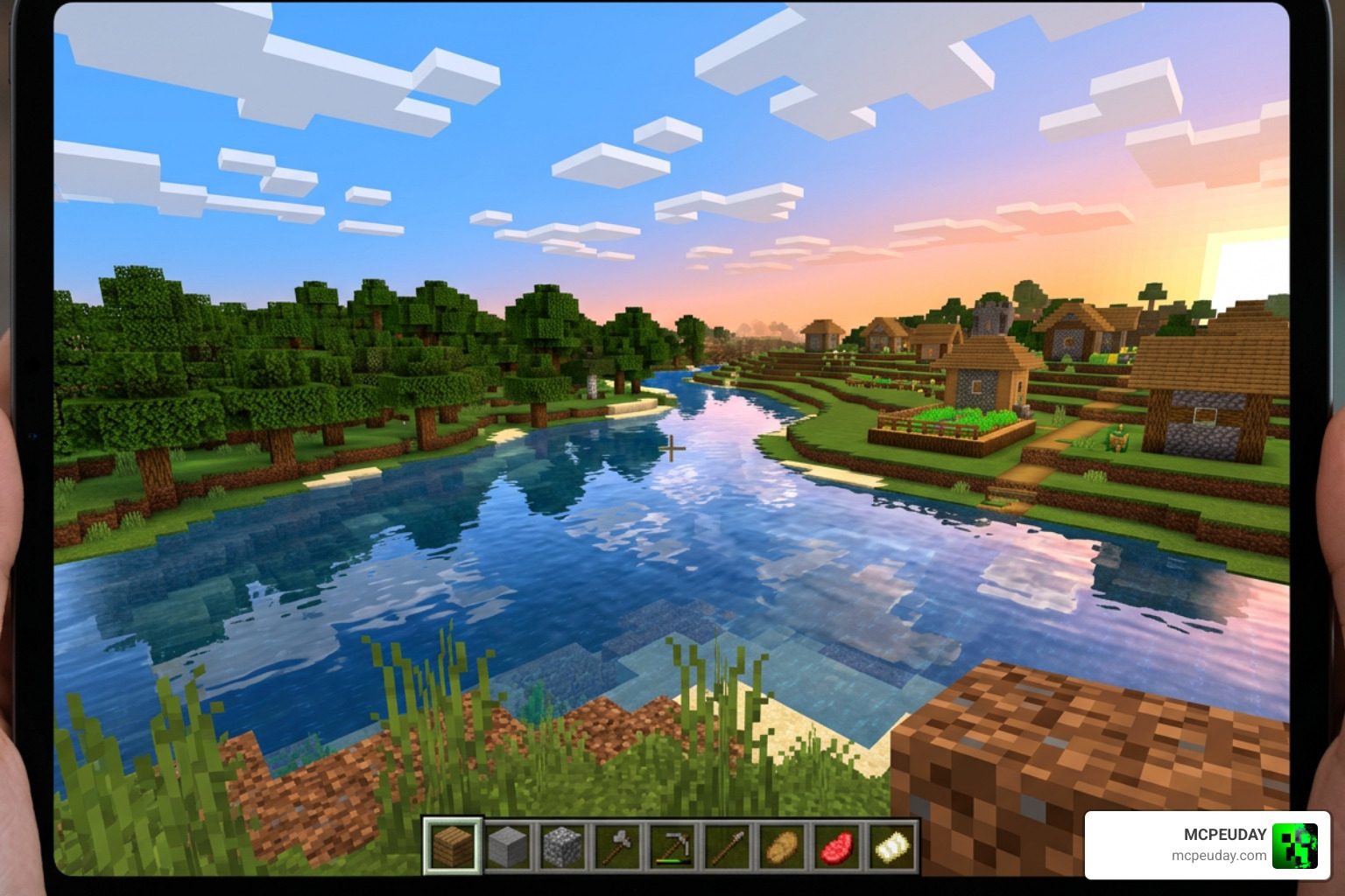 In-game screenshot of Newb Shader variants showing realistic water and sky colors