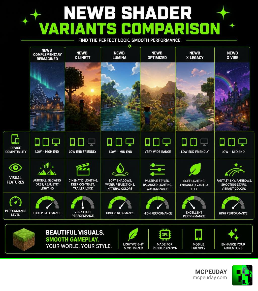 Newb Shader variants comparison infographic showing device compatibility, visual features, and performance levels infographic