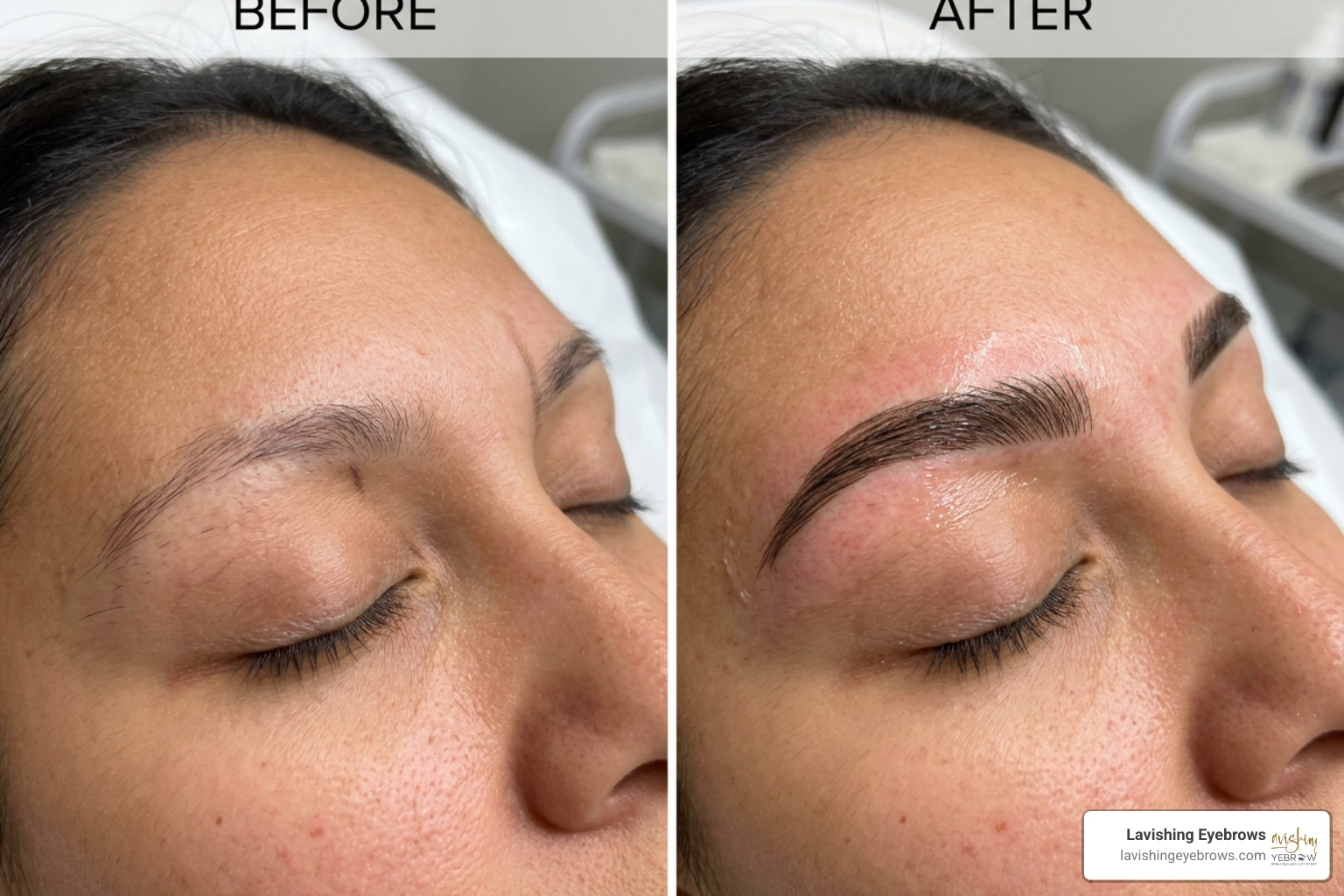A beautiful split-screen showcasing a client's dramatic microblading before and after transformation