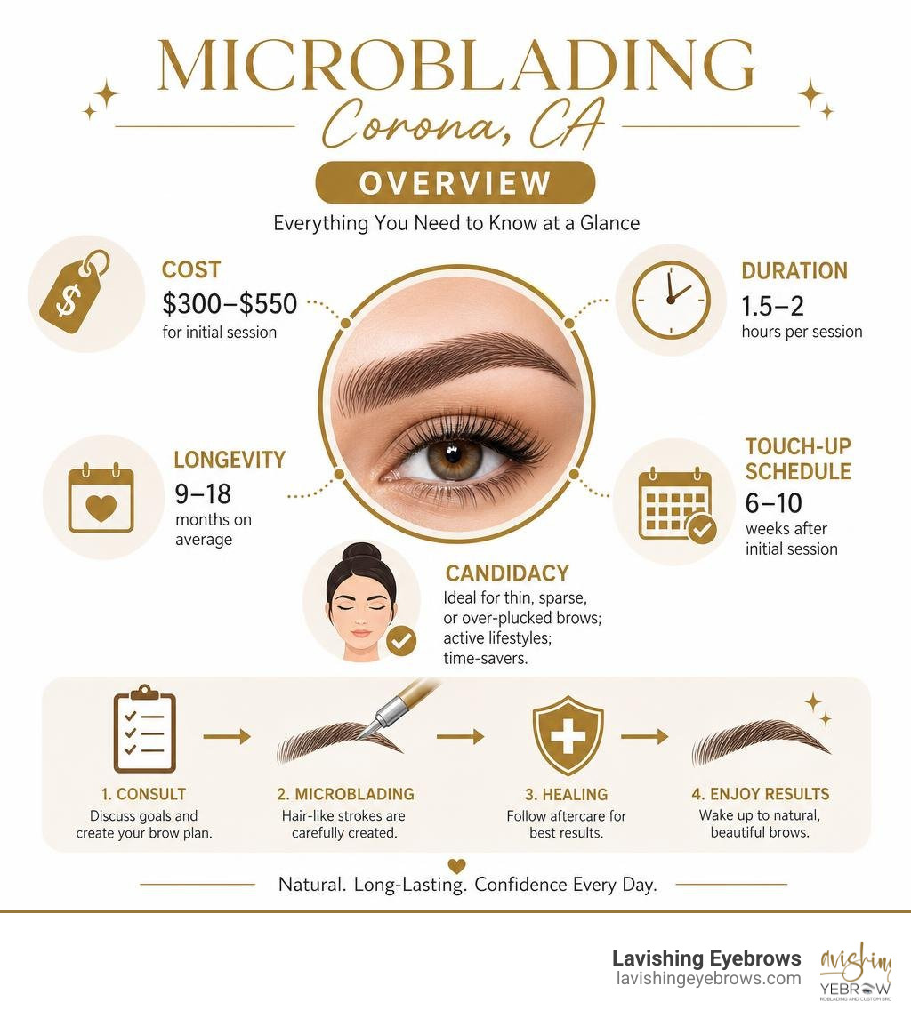 Microblading Corona CA overview: cost, duration, longevity, candidacy, and touch-up schedule infographic