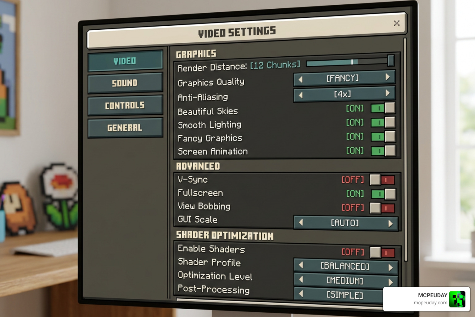 Minecraft Bedrock video settings menu for shader optimization