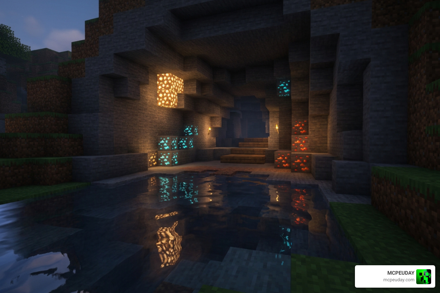 Water reflections and glowing ores in NEWB X Columbus Shader