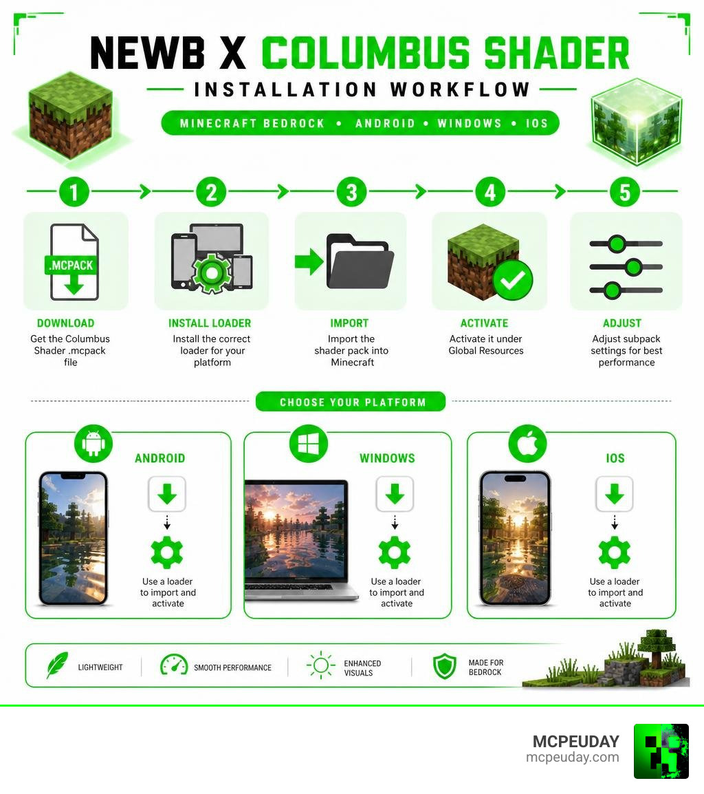 NEWB X Columbus Shader installation workflow for Minecraft Bedrock across Android Windows iOS infographic