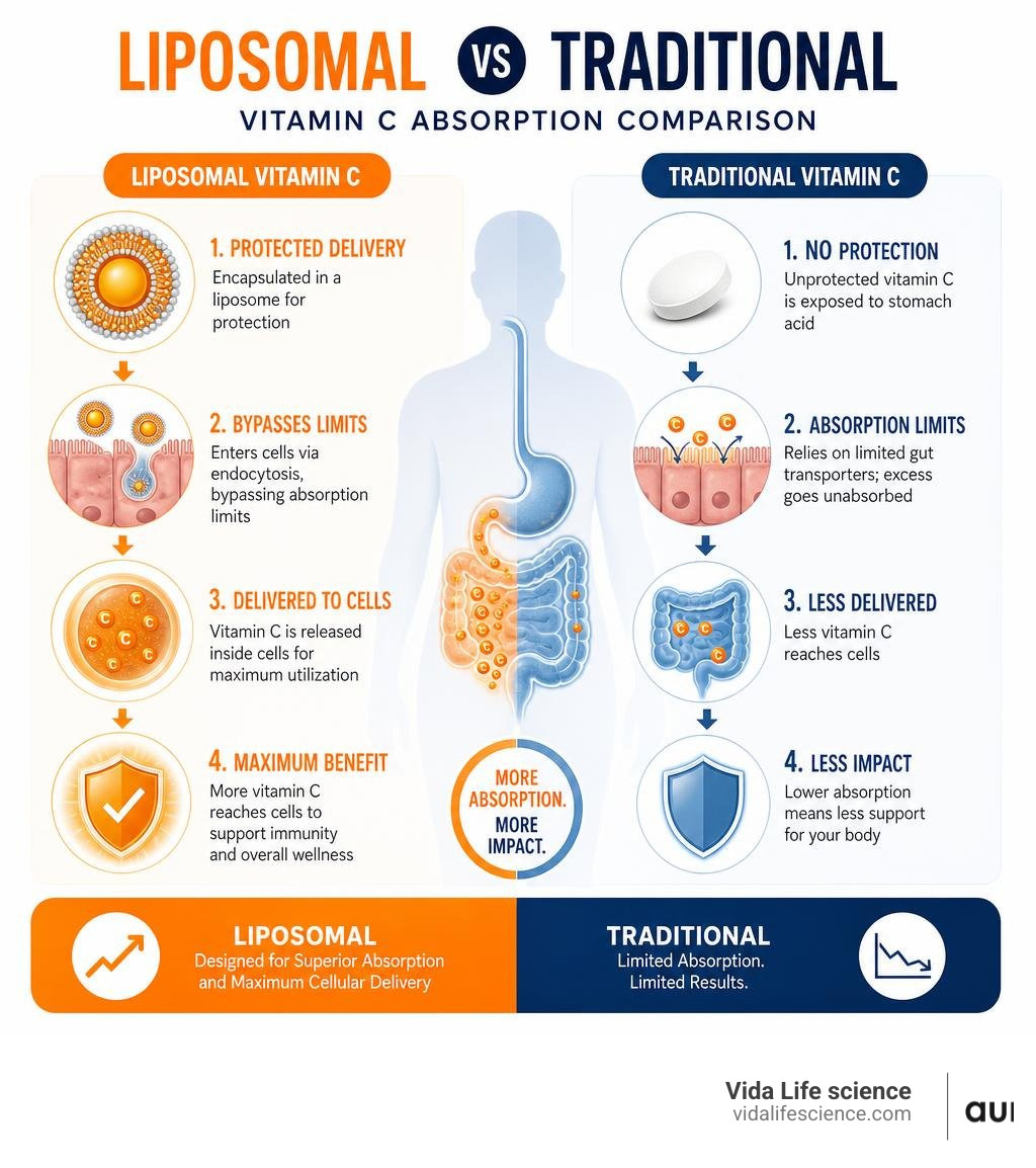 Liposomal vs traditional vitamin C absorption comparison infographic infographic
