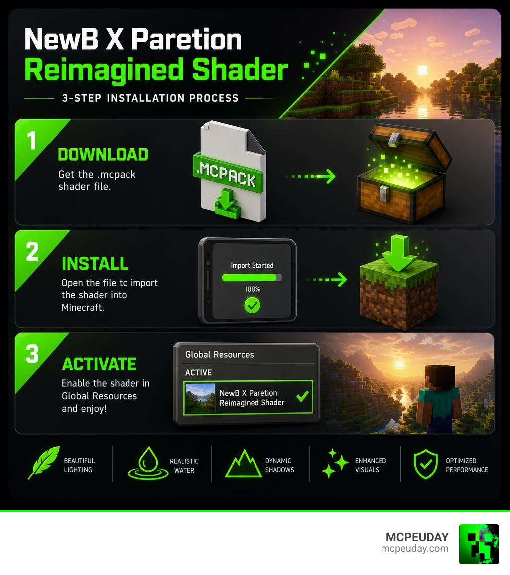 NewB X Paretion Reimagined Shader 3-step installation process overview infographic infographic NewB X Paretion Reimagined Shader 3-step installation process overview infographic infographic
