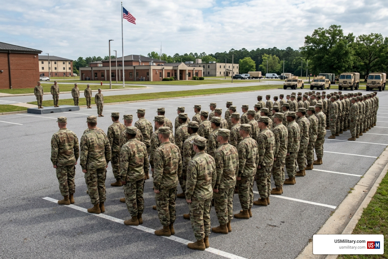 US Army soldiers in formation on a military base US Army soldiers in formation on a military base