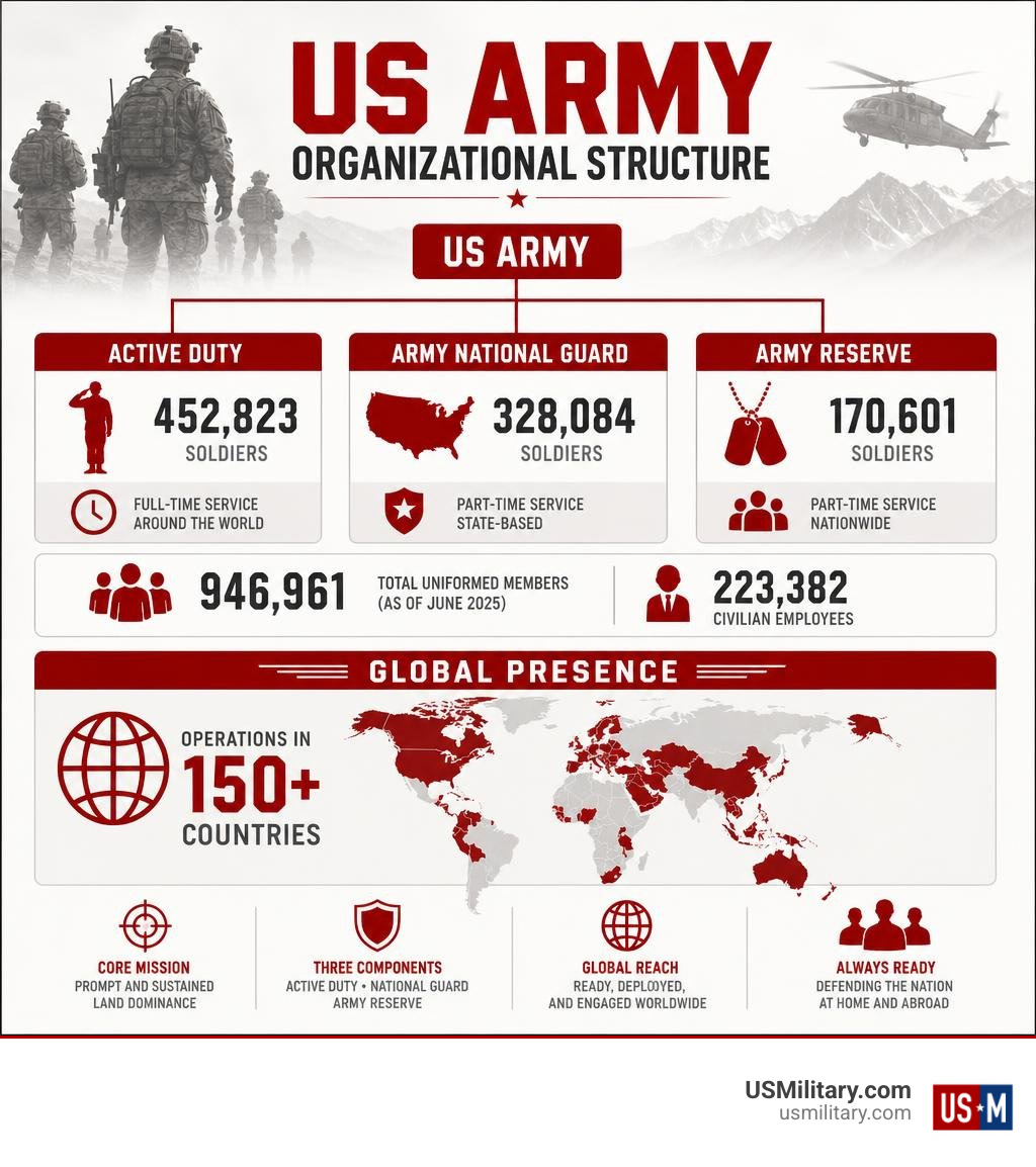 US Army organizational structure infographic showing Active Duty, National Guard, Reserve components, personnel numbers, and US Army organizational structure infographic showing Active Duty, National Guard, Reserve components, personnel numbers, and