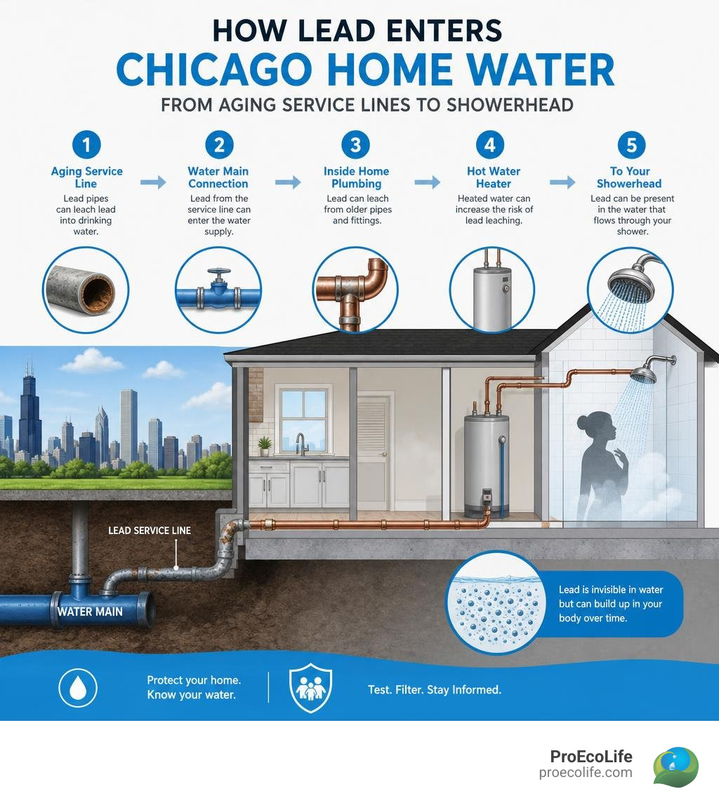 How lead enters Chicago home water from aging service lines to showerhead infographic