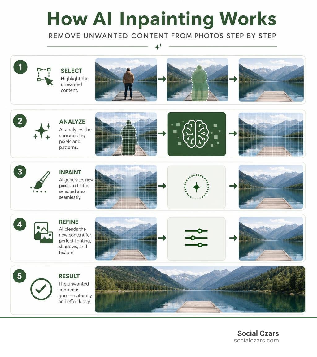 How AI inpainting works to remove unwanted content from photos step by step infographic