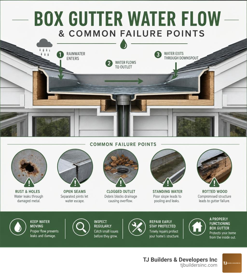 Box gutter water flow and common failure points infographic infographic