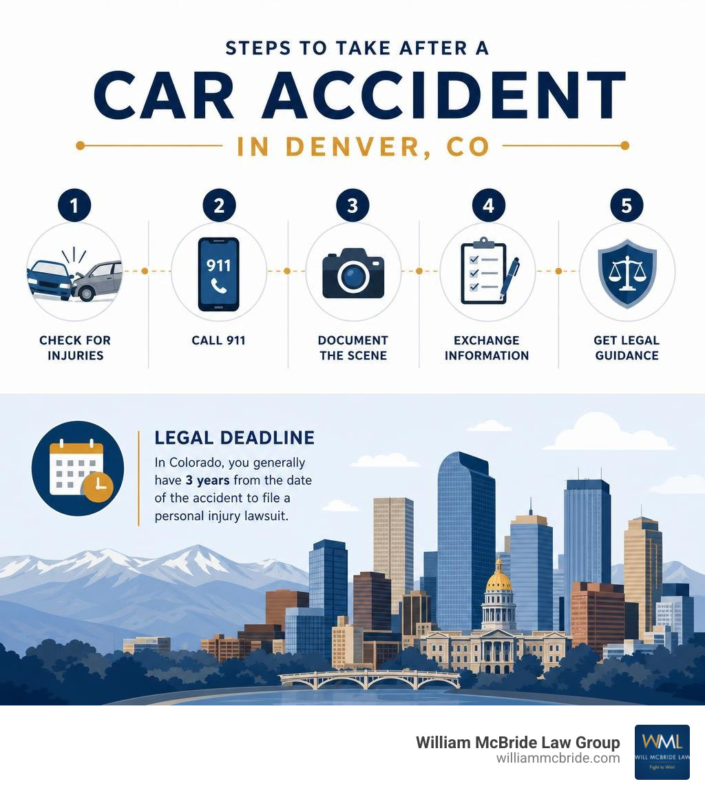 Steps to take after a car accident in Denver, Colorado — immediate actions and legal deadlines infographic Steps to take after a car accident in Denver, Colorado — immediate actions and legal deadlines infographic