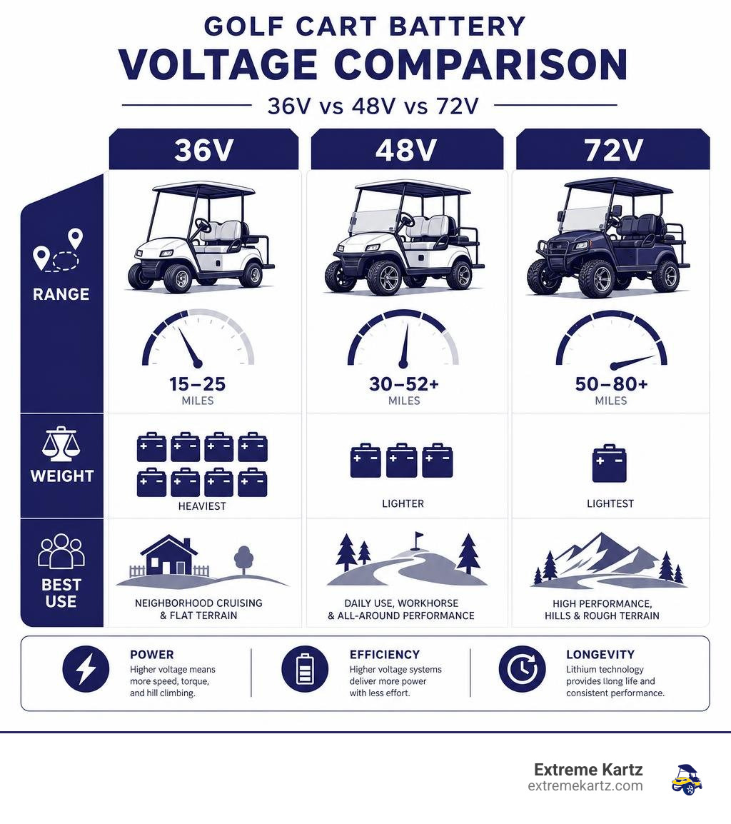 Golf cart battery voltage comparison infographic: 36V vs 48V vs 72V range, weight, and use cases infographic Golf cart battery voltage comparison infographic: 36V vs 48V vs 72V range, weight, and use cases infographic