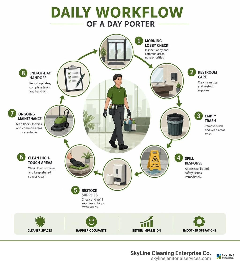 Daily workflow of a day porter from morning lobby check to end-of-day handoff infographic Daily workflow of a day porter from morning lobby check to end-of-day handoff infographic