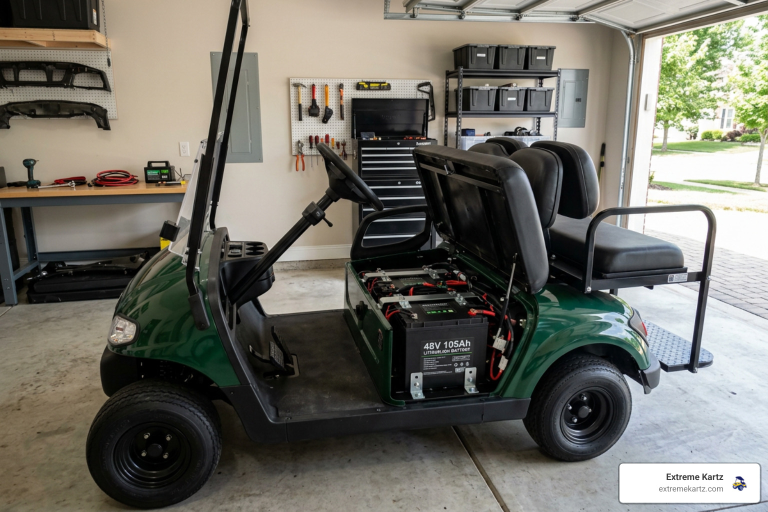 48V lithium golf cart battery upgrade in a clean garage installation 48V lithium golf cart battery upgrade in a clean garage installation