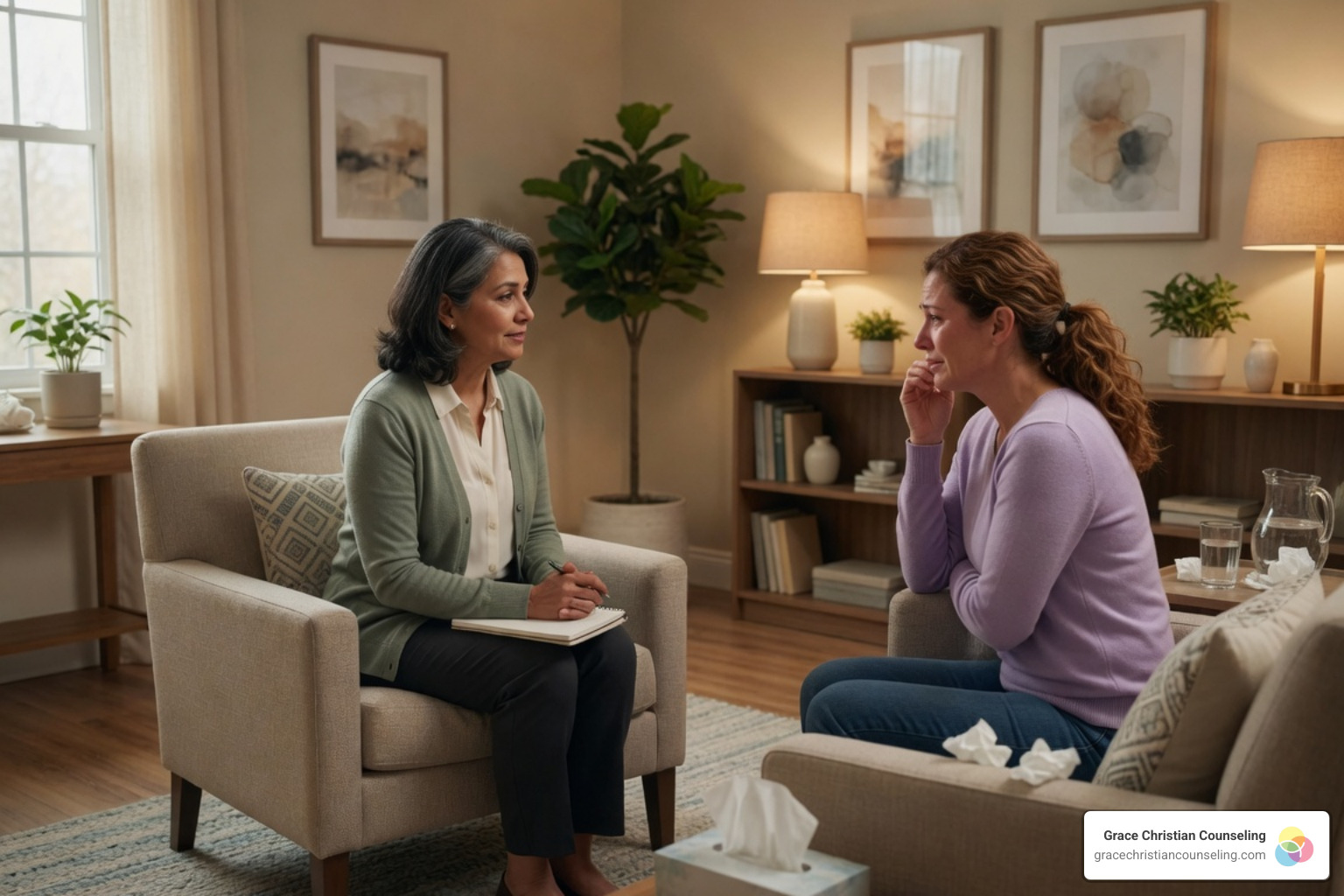 Licensed therapist supporting a survivor in a safe, warm environment