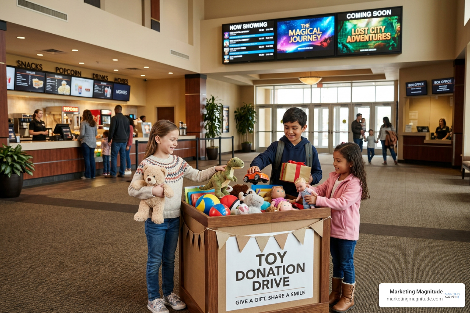 children donating toys in the lobby of Regal Red Rock theater children donating toys in the lobby of Regal Red Rock theater