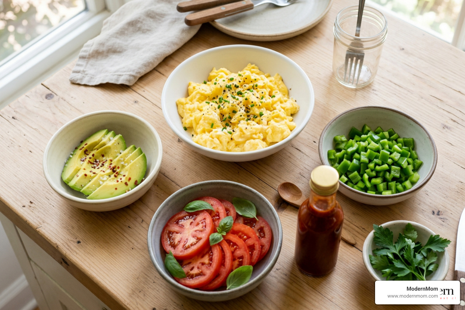 Bowls of scrambled eggs, avocado slices, green peppers, hot sauce, and sliced tomatoes for cottage cheese breakfast tacos Bowls of scrambled eggs, avocado slices, green peppers, hot sauce, and sliced tomatoes for cottage cheese breakfast tacos