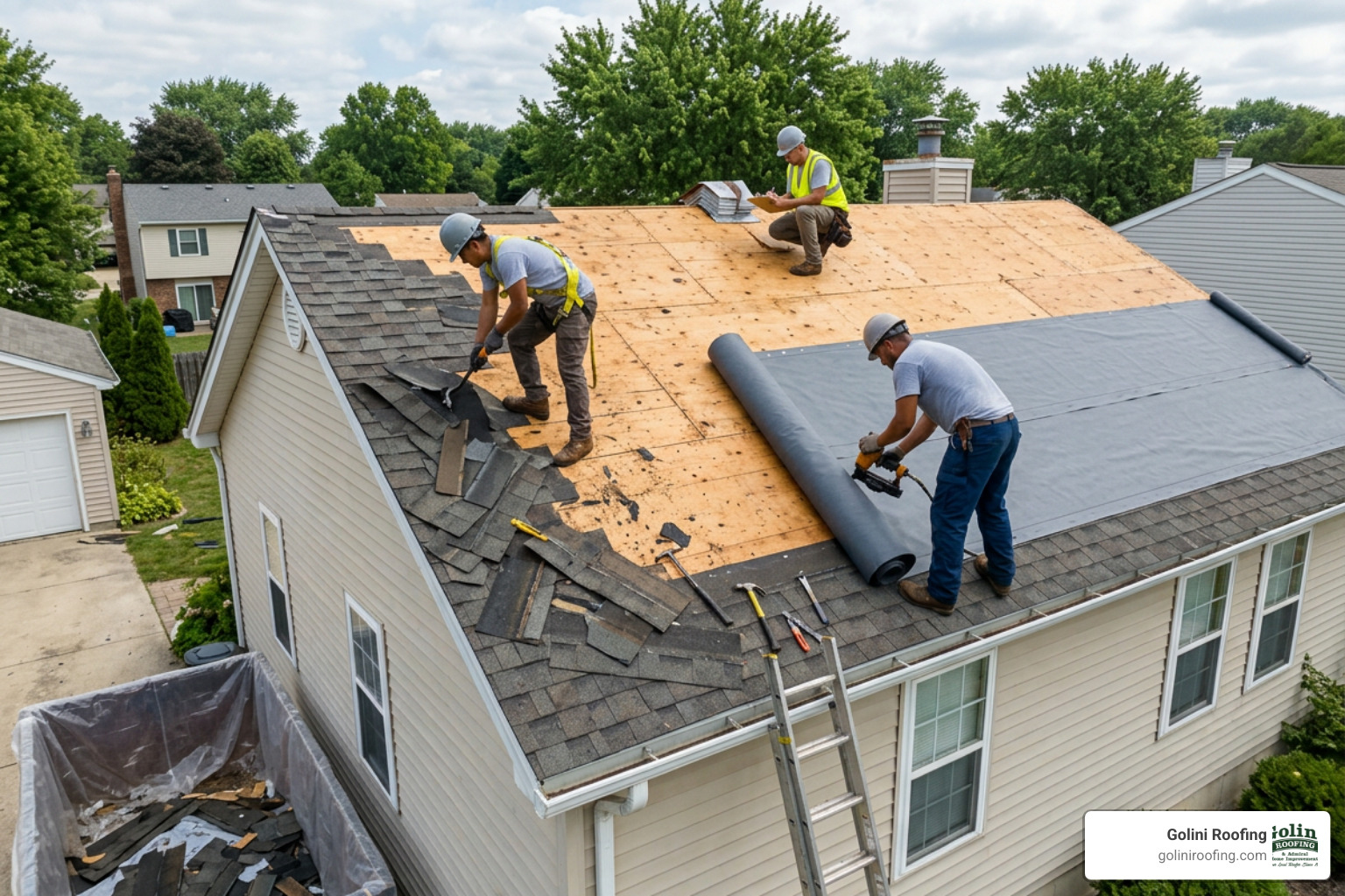 The roof replacement process, showing tear-off, deck inspection, and underlayment installation The roof replacement process, showing tear-off, deck inspection, and underlayment installation