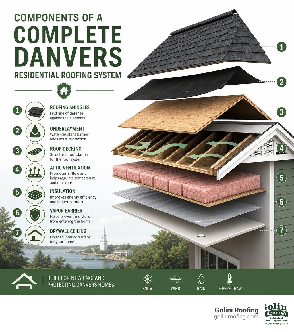 Components of a complete Danvers residential roofing system with labels for each layer infographic