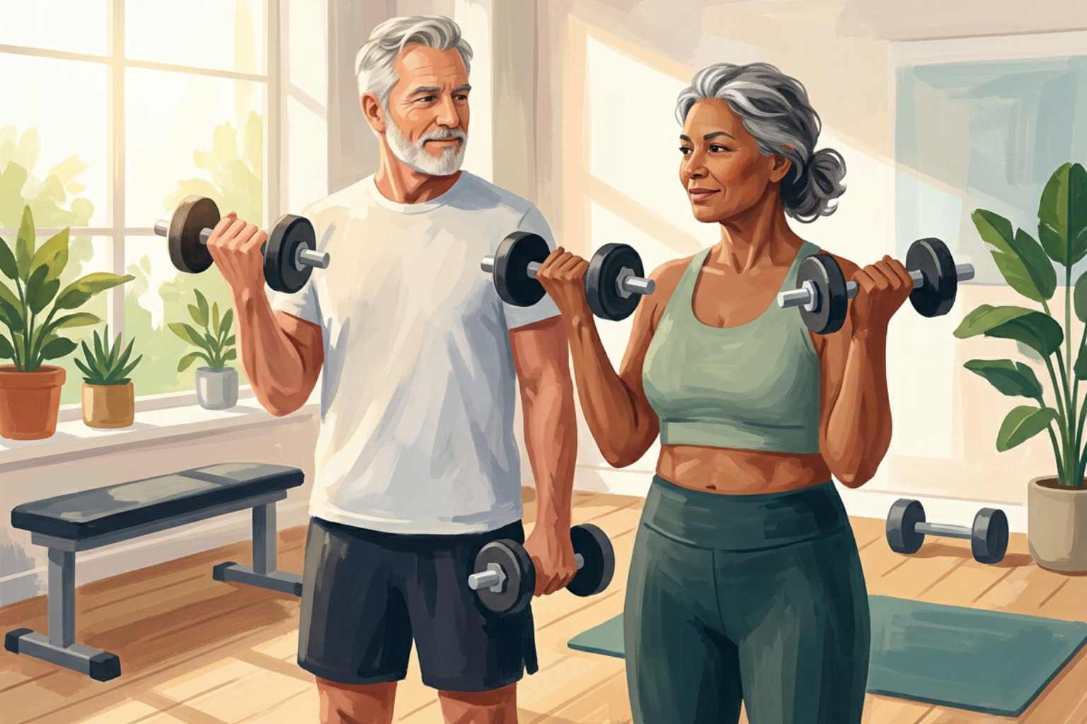 A confident older couple lifting moderate weights together in a sunlit home gym