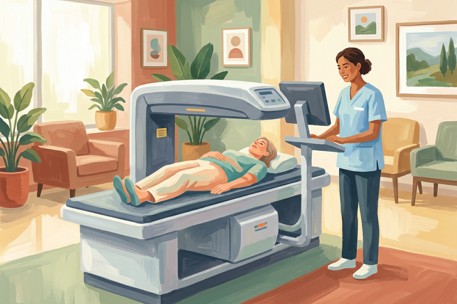 A modern DEXA scan machine in a warm, welcoming clinic setting