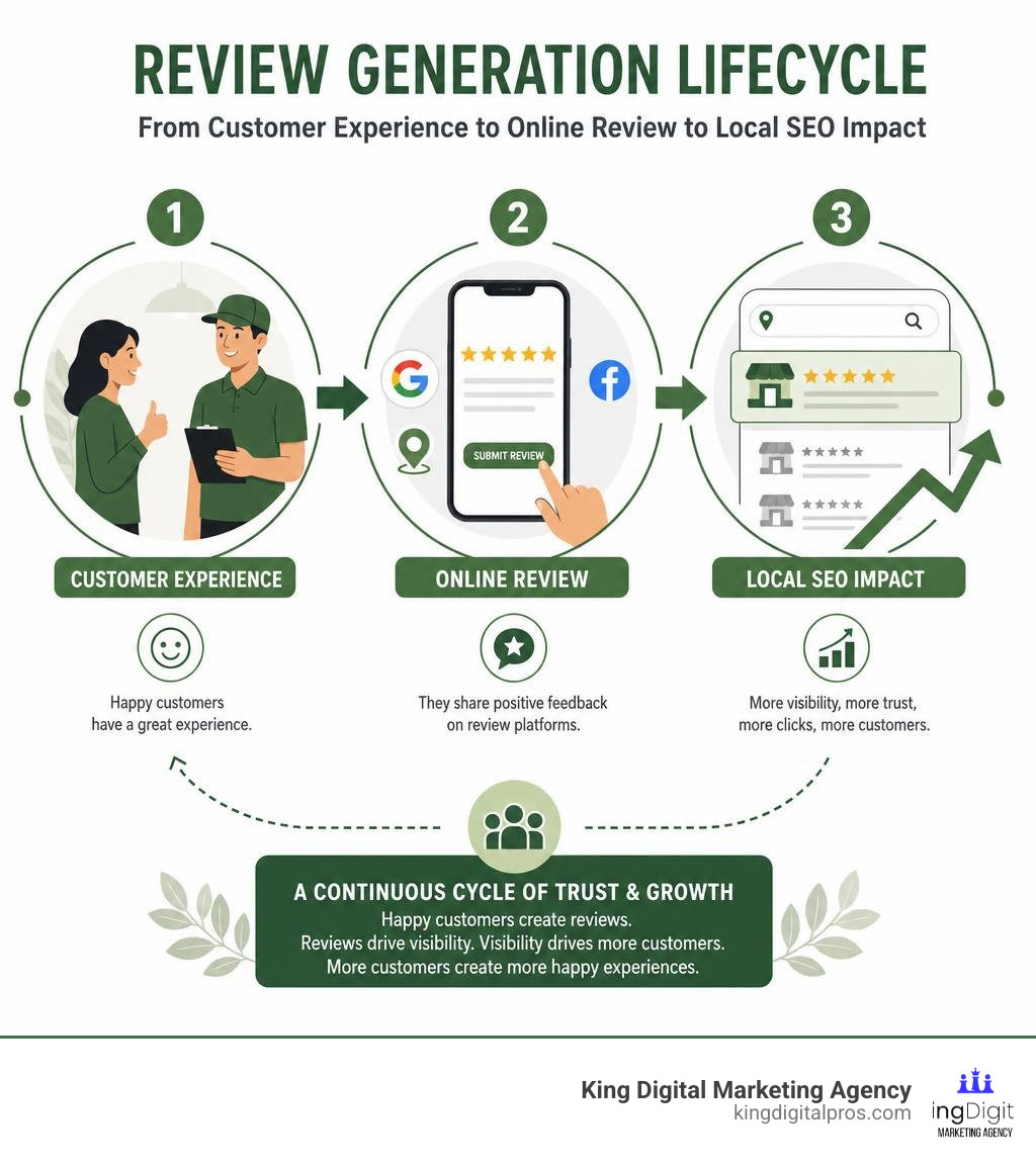 Review generation lifecycle: from customer experience to online review to local SEO impact infographic Review Generation Lifecycle: From Customer Experience To Online Review To Local Seo Impact Infographic