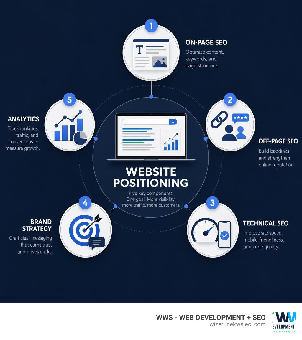 infographic showing website positioning components: on-page SEO, off-page SEO, technical SEO, brand strategy, and analytics