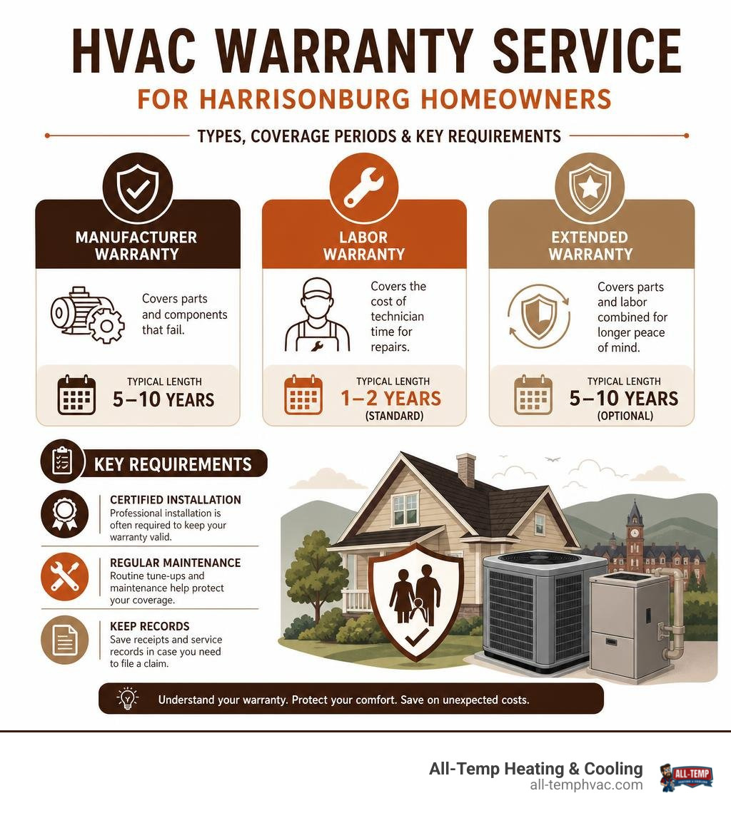 HVAC warranty service types, coverage periods, and key requirements for Harrisonburg homeowners infographic