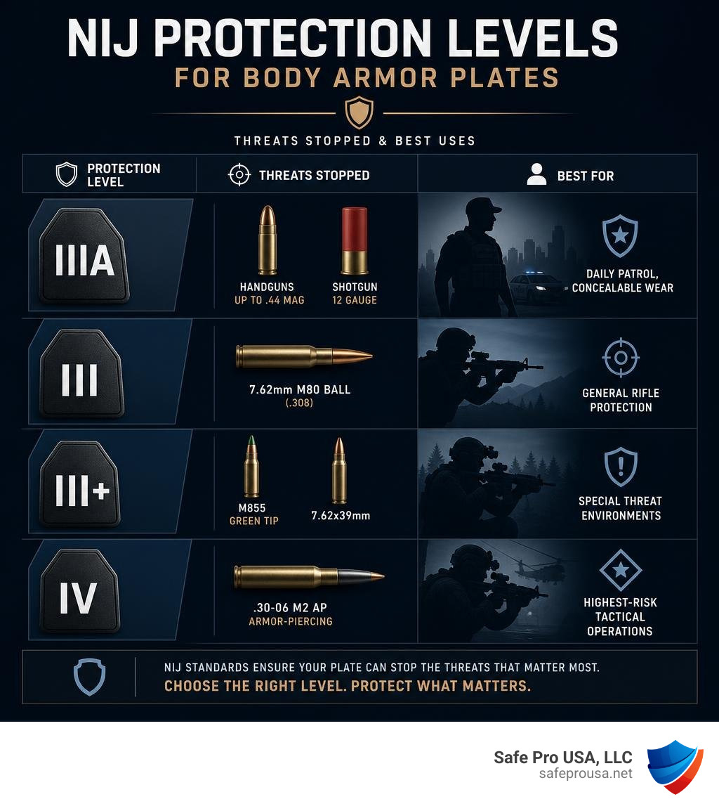 NIJ protection levels for body armor plates, from IIIA to Level IV, with threats stopped and use cases infographic NIJ protection levels for body armor plates, from IIIA to Level IV, with threats stopped and use cases infographic