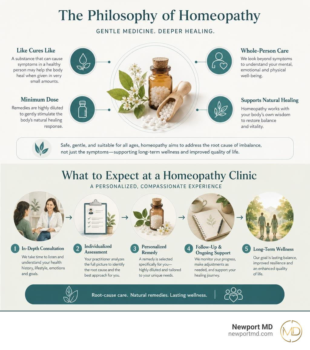 Infographic explaining the basic philosophy of homeopathic medicine and what to expect at a clinic infographic